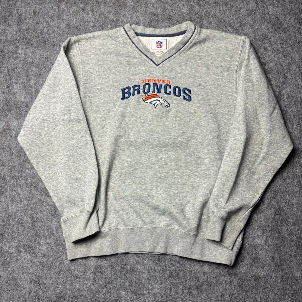 Vintage Denver Broncos NFL Embroidered V Neck Sweatshirt Youth 14/16 Gray